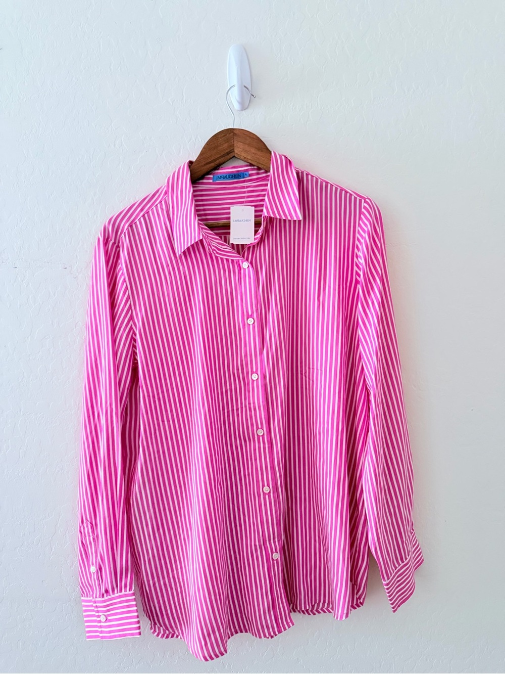 J. McLaughlin Denver Blouse XL Fuchsia White Stripe Silk Blend NWT